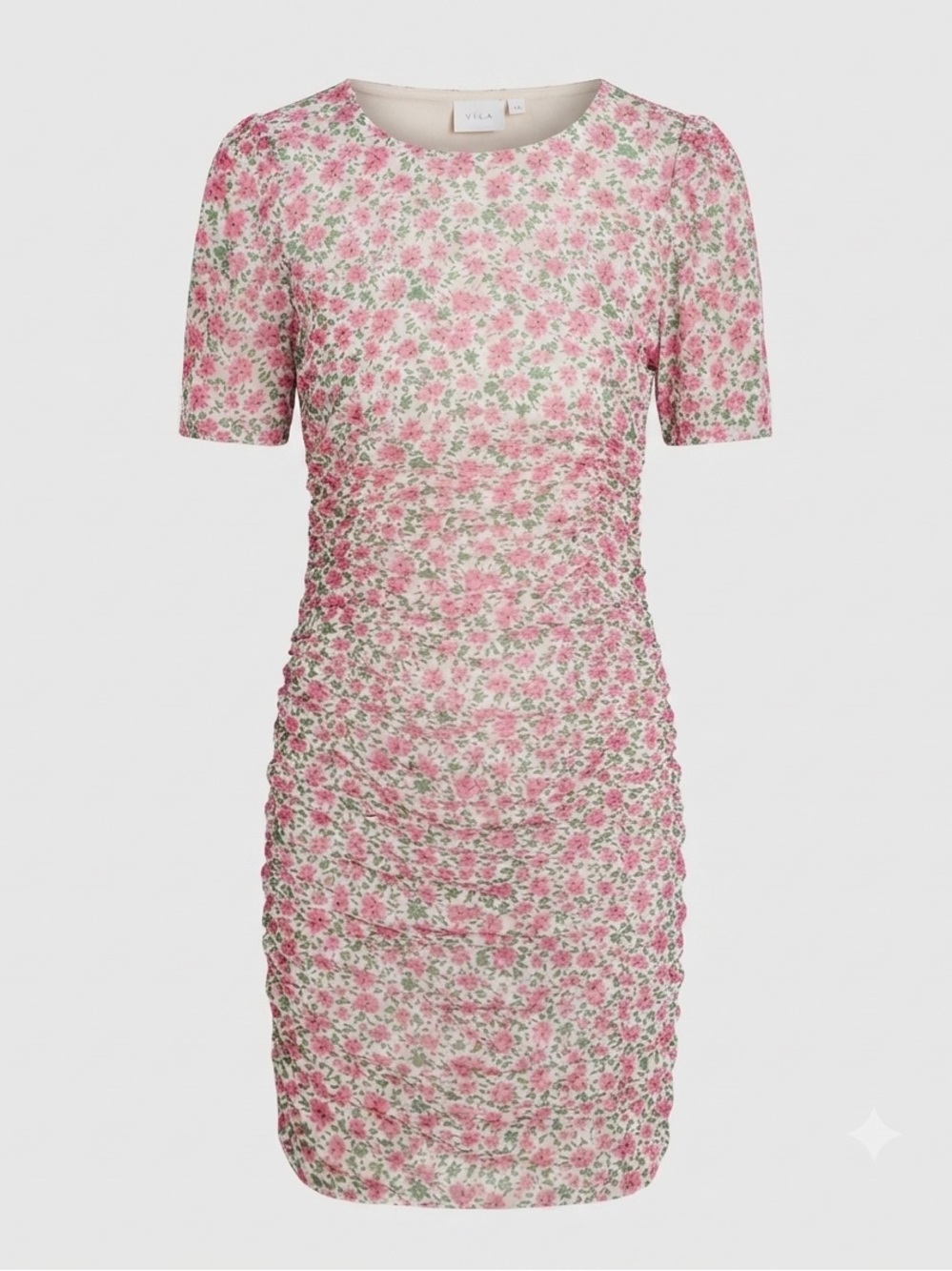 Vila Pink Floral Ruched Mesh Mini Dress Short Sleeve Cottagecore Romantic S